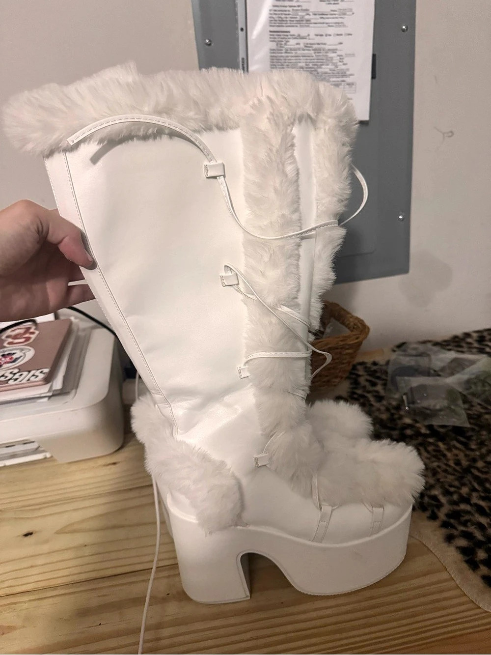 Camel-311 White Fur Trim Platform Boots